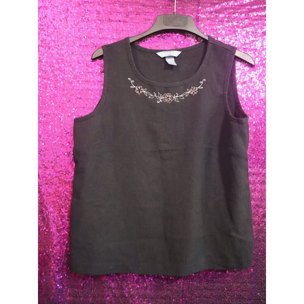 Black Sleeveless Top Large Koret Women Gothic Floral Embroidered Beaded Tank